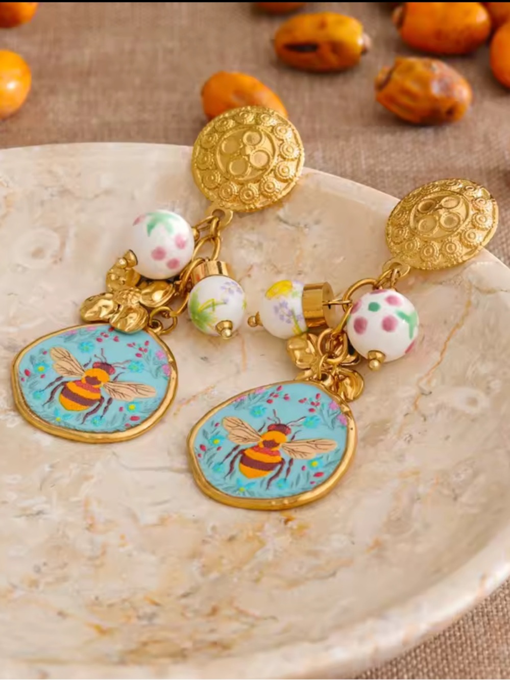 Whimsical Bee Blue Floral Charm Earrings - Picture 4 of 13